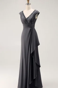 Aço Cinza Sereia Ruffle Chiffon Mãe do Vestido da Noiva
