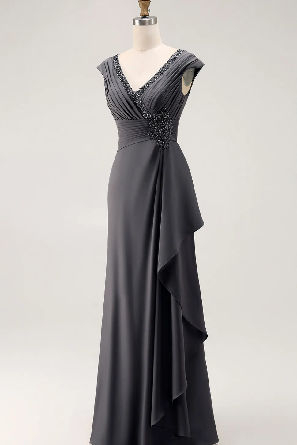 Aço Cinza Sereia Ruffle Chiffon Mãe do Vestido da Noiva