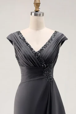 Aço Cinza Sereia Ruffle Chiffon Mãe do Vestido da Noiva