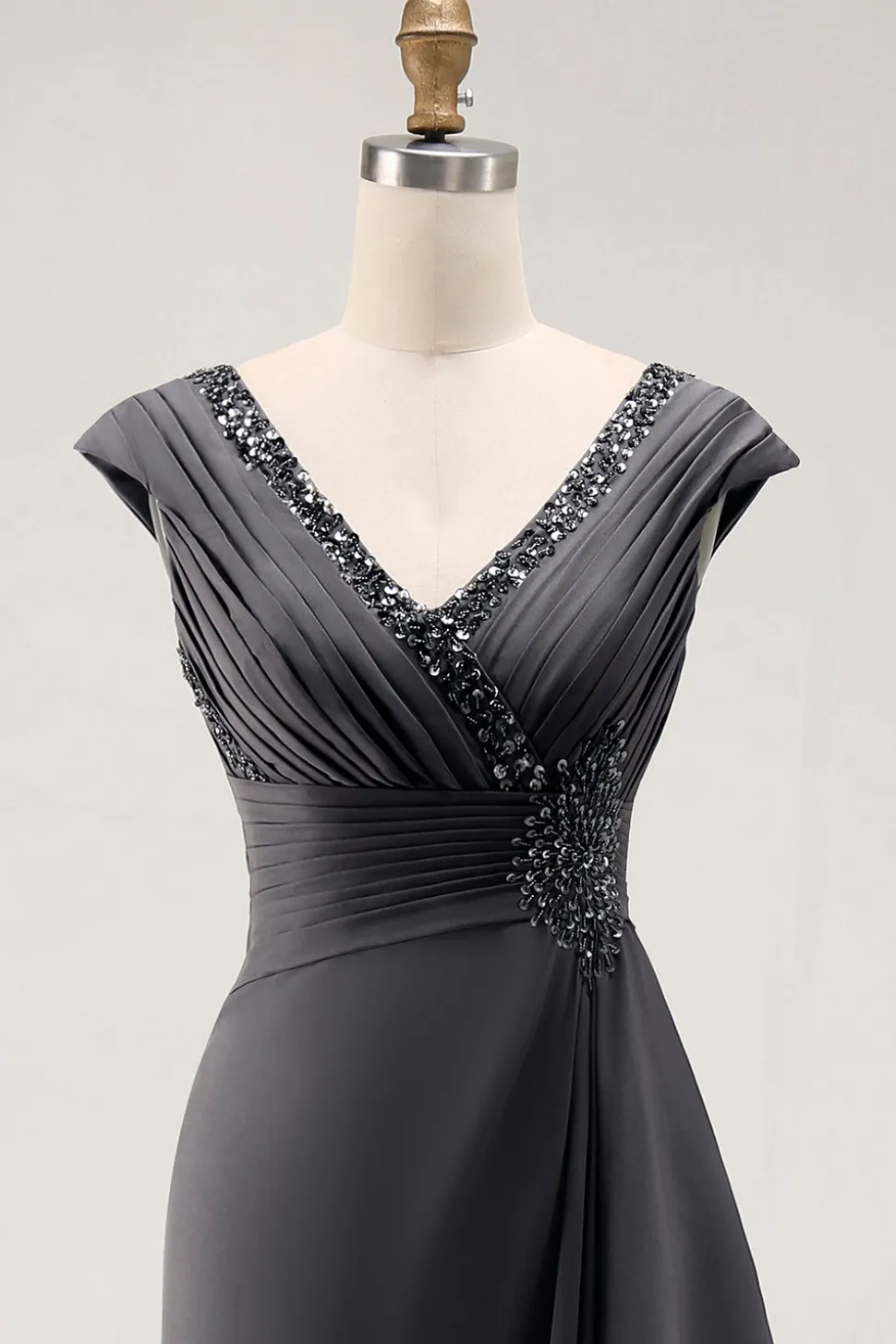Aço Cinza Sereia Ruffle Chiffon Mãe do Vestido da Noiva