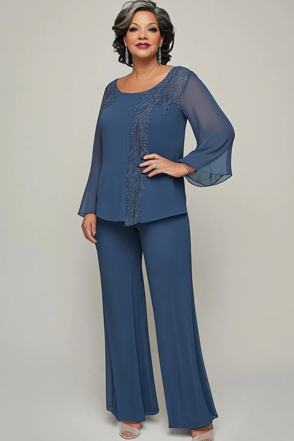 Apliques Florais Tule Azul Escuro Mangas Longas Roupa Mãe da Noiva