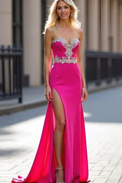 Appliques Fuchsia Strapless Bainha Prom Dress com Fenda