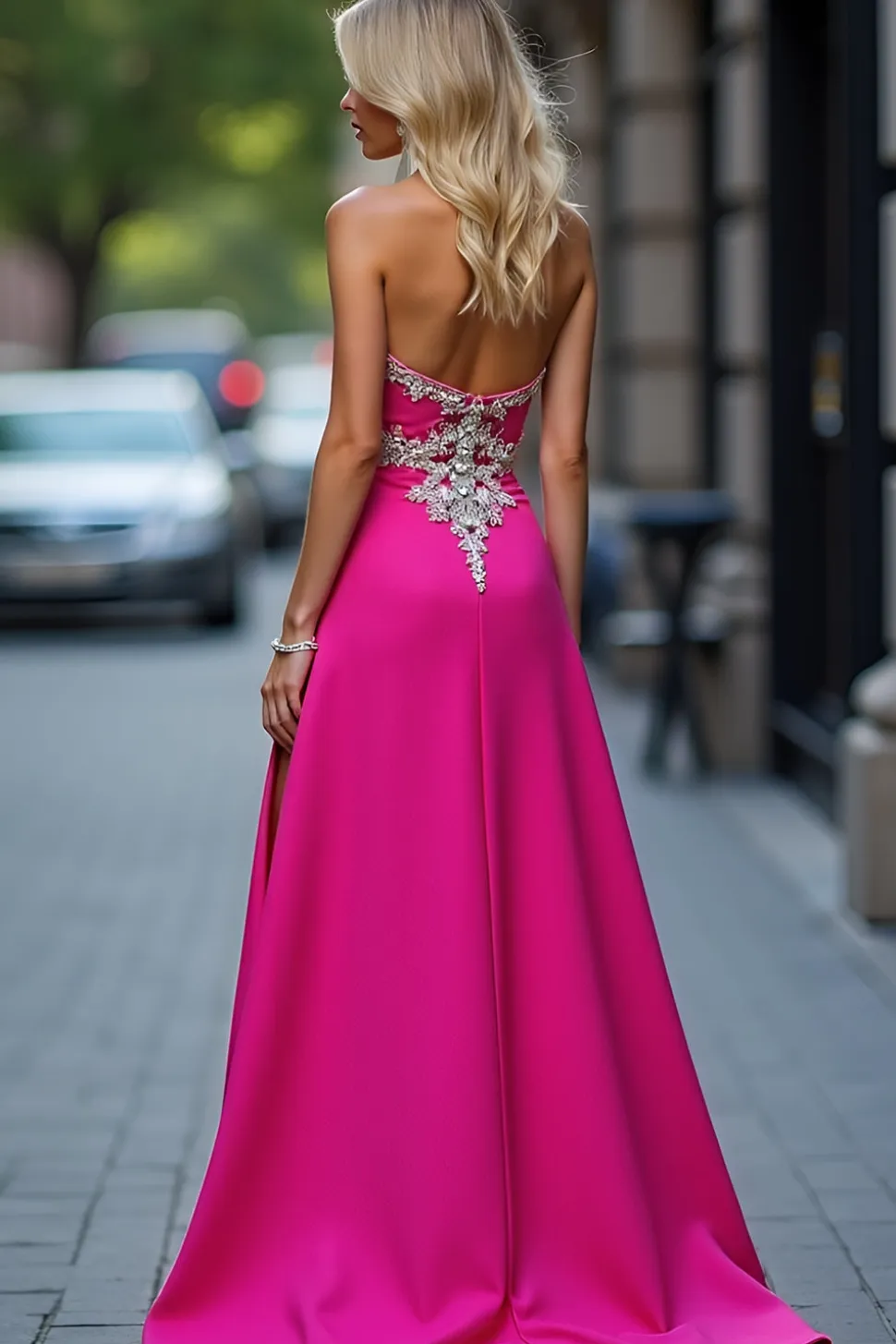 Appliques Fuchsia Strapless Bainha Prom Dress com Fenda