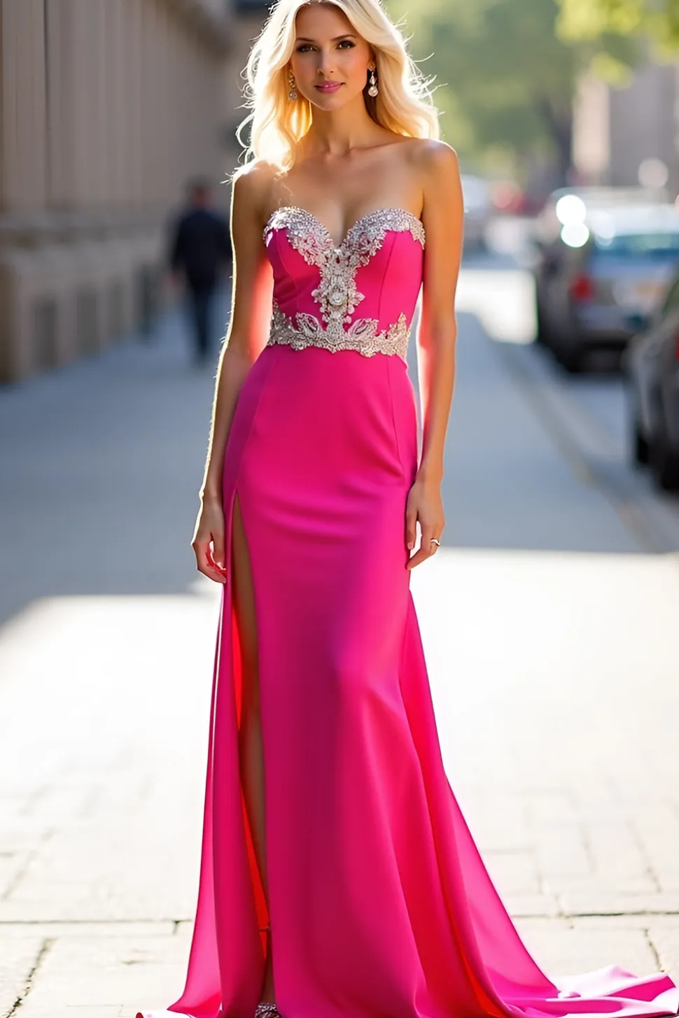 Appliques Fuchsia Strapless Bainha Prom Dress com Fenda