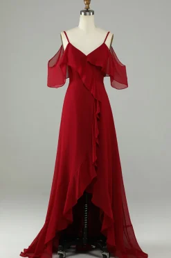 Assimétrico frio Shoudler Borgonha vestido longo dama de honra com babados