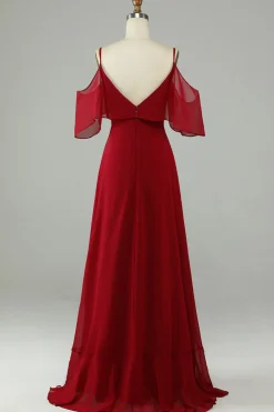 Assimétrico frio Shoudler Borgonha vestido longo dama de honra com babados