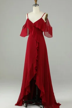 Assimétrico frio Shoudler Borgonha vestido longo dama de honra com babados