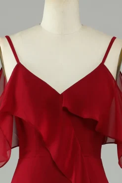 Assimétrico frio Shoudler Borgonha vestido longo dama de honra com babados