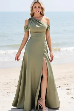 Azeitona Linha-A Ombro Frio Plissado Longos Vestidos de Damas de Honor com Fenda