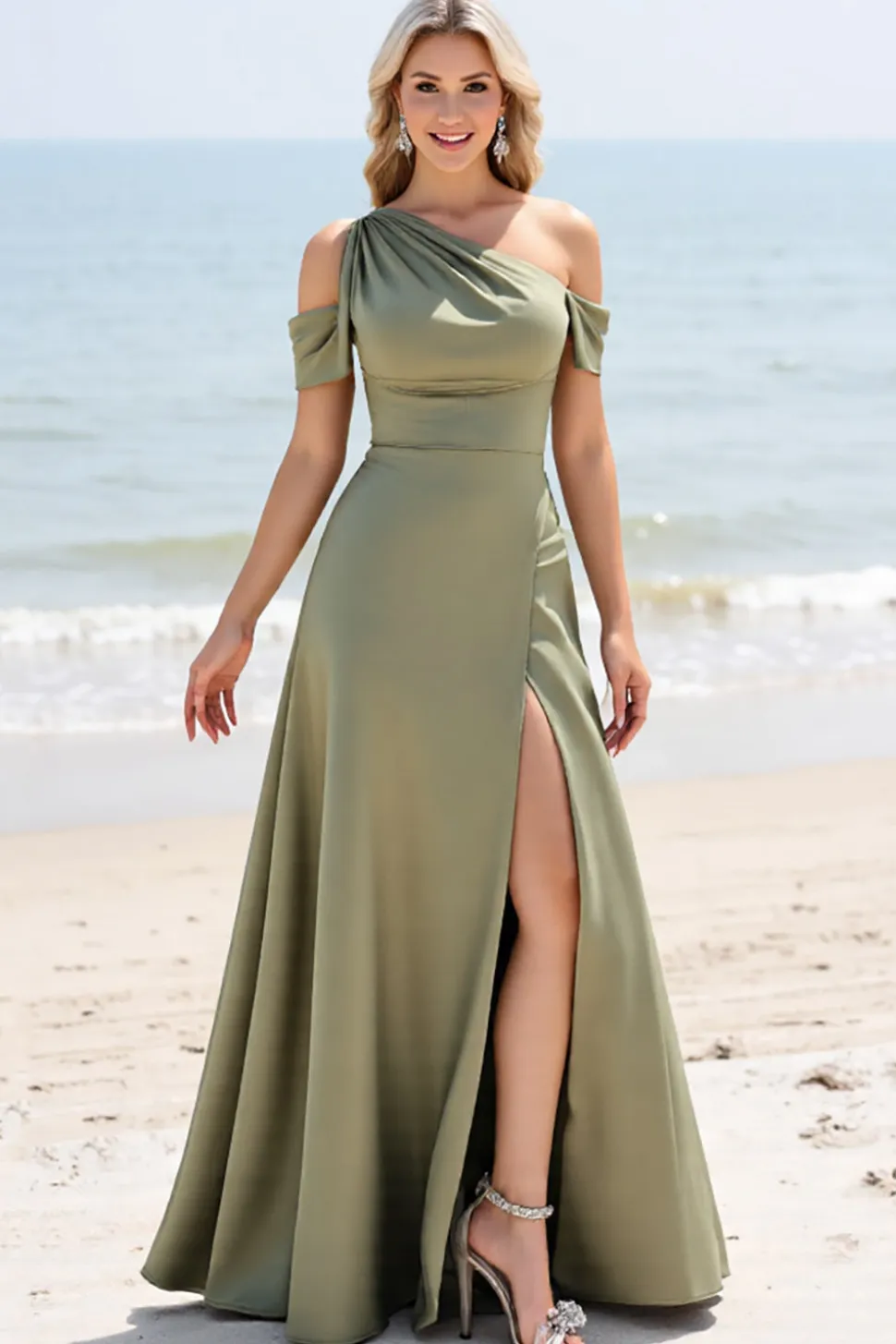 Azeitona Linha-A Ombro Frio Plissado Longos Vestidos de Damas de Honor com Fenda