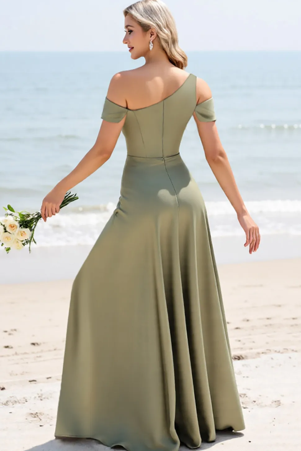 Azeitona Linha-A Ombro Frio Plissado Longos Vestidos de Damas de Honor com Fenda