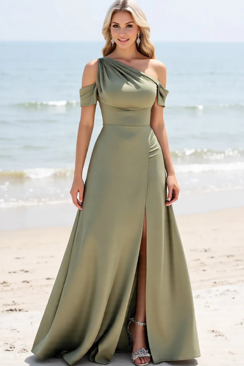 Azeitona Linha-A Ombro Frio Plissado Longos Vestidos de Damas de Honor com Fenda