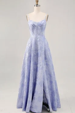 Azul Linha-A Flores Espartilho Longos Vestido Cerimónia com Fenda