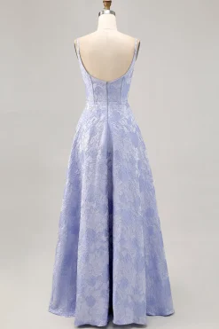 Azul Linha-A Flores Espartilho Longos Vestido Cerimónia com Fenda