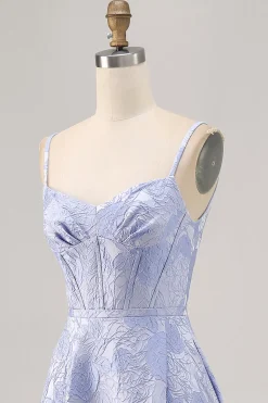 Azul Linha-A Flores Espartilho Longos Vestido Cerimónia com Fenda