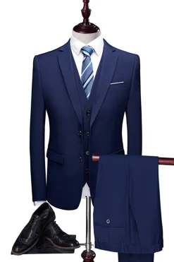 Azul 3 Peças Ajustado Mangas Compridas Fato Homem