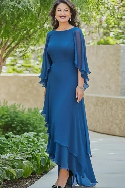 Azul A Line Chiffon Scoop High Low Vestido da Noiva com Mangas Flutter
