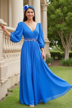 Azul A Line Chiffon V-Neck Long Mãe do Vestido da Noiva com Mangas