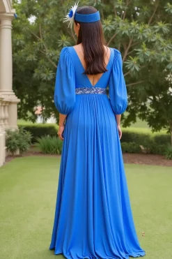 Azul A Line Chiffon V-Neck Long Mãe do Vestido da Noiva com Mangas