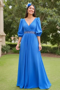 Azul A Line Chiffon V-Neck Long Mãe do Vestido da Noiva com Mangas