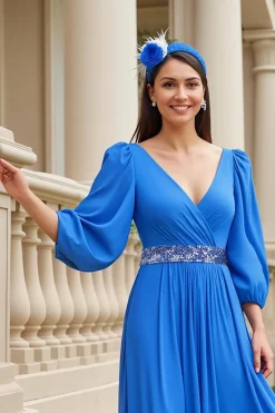 Azul A Line Chiffon V-Neck Long Mãe do Vestido da Noiva com Mangas