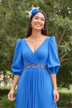 Azul A Line Chiffon V-Neck Long Mãe do Vestido da Noiva com Mangas