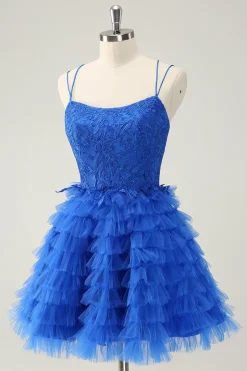 Azul A Line Espaghetti Correias Tule Vestido de Volta ao Lar Fofo com Folhos