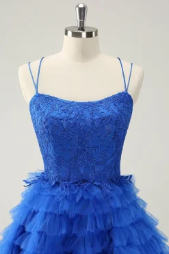 Azul A Line Espaghetti Correias Tule Vestido de Volta ao Lar Fofo com Folhos