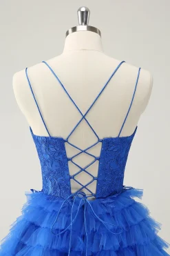 Azul A Line Espaghetti Correias Tule Vestido de Volta ao Lar Fofo com Folhos