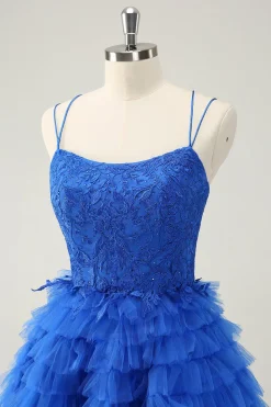 Azul A Line Espaghetti Correias Tule Vestido de Volta ao Lar Fofo com Folhos