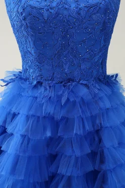 Azul A Line Espaghetti Correias Tule Vestido de Volta ao Lar Fofo com Folhos