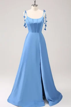Azul A Line Espaghetti Correias Cetim Vestido de Comprimento de Chão com Fenda