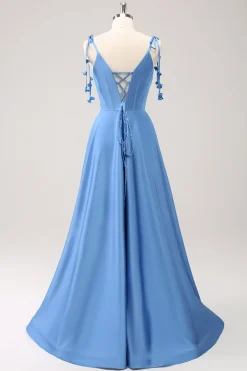 Azul A Line Espaghetti Correias Cetim Vestido de Comprimento de Chão com Fenda