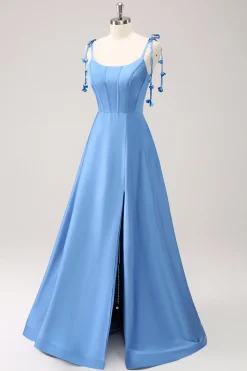 Azul A Line Espaghetti Correias Cetim Vestido de Comprimento de Chão com Fenda