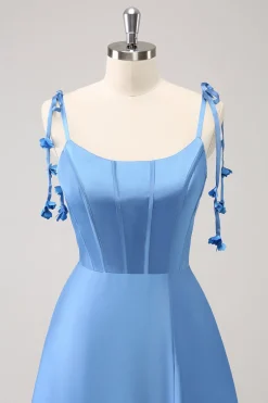 Azul A Line Espaghetti Correias Cetim Vestido de Comprimento de Chão com Fenda