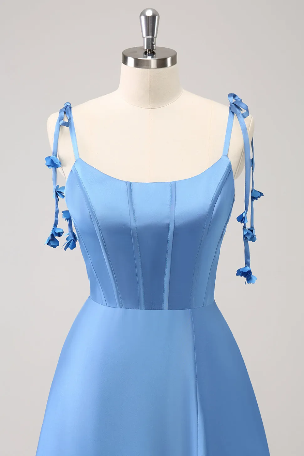 Azul A Line Espaghetti Correias Cetim Vestido de Comprimento de Chão com Fenda