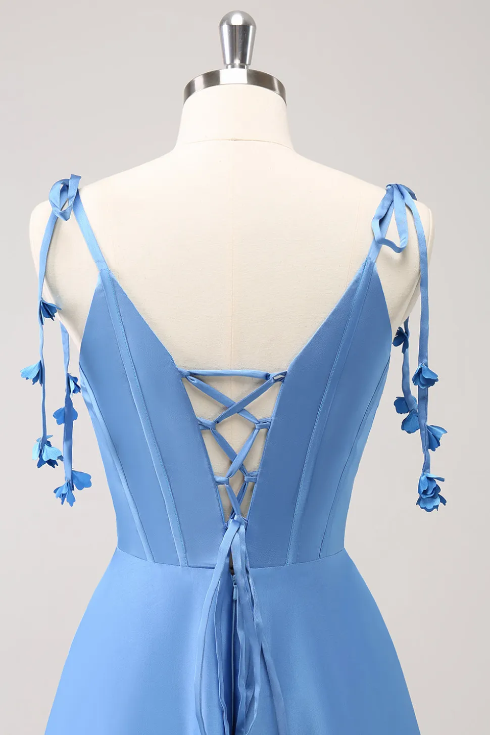 Azul A Line Espaghetti Correias Cetim Vestido de Comprimento de Chão com Fenda
