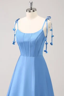 Azul A Line Espaghetti Correias Cetim Vestido de Comprimento de Chão com Fenda