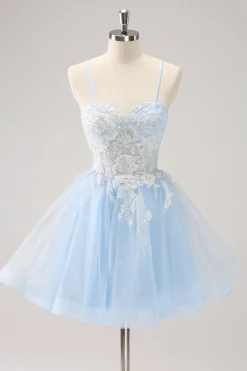 Azul A Line Espaghetti Correias Vestido Curto Homecoming com Apliques