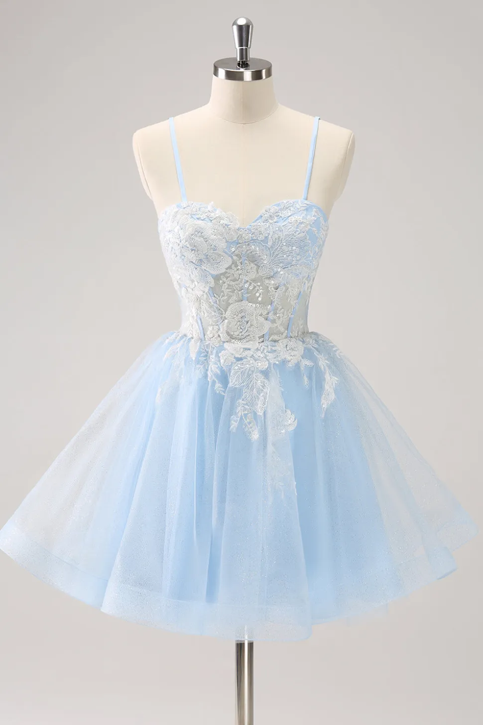 Azul A Line Espaghetti Correias Vestido Curto Homecoming com Apliques