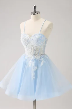 Azul A Line Espaghetti Correias Vestido Curto Homecoming com Apliques