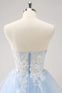 Azul A Line Espaghetti Correias Vestido Curto Homecoming com Apliques