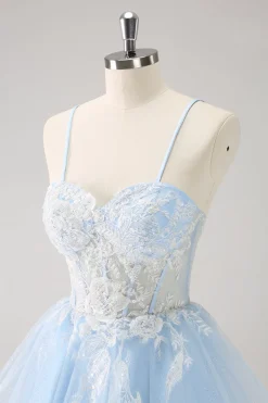 Azul A Line Espaghetti Correias Vestido Curto Homecoming com Apliques