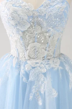 Azul A Line Espaghetti Correias Vestido Curto Homecoming com Apliques