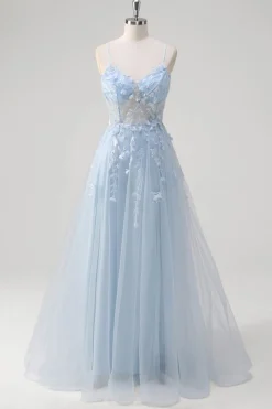 Azul A Line Espaghetti Straps Appliqued Corset Long Prom Dress With Tulle