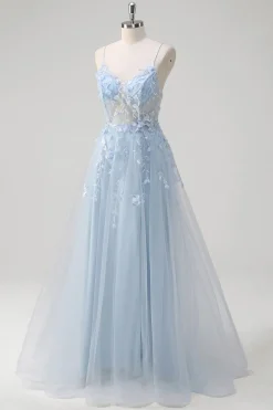 Azul A Line Espaghetti Straps Appliqued Corset Long Prom Dress With Tulle
