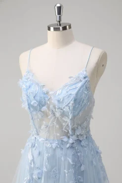 Azul A Line Espaghetti Straps Appliqued Corset Long Prom Dress With Tulle
