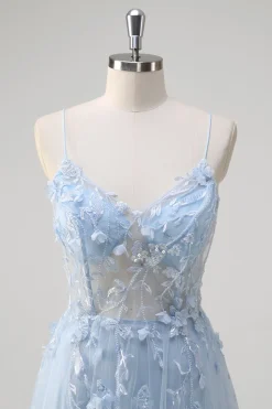 Azul A Line Espaghetti Straps Appliqued Corset Long Prom Dress With Tulle