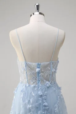 Azul A Line Espaghetti Straps Appliqued Corset Long Prom Dress With Tulle