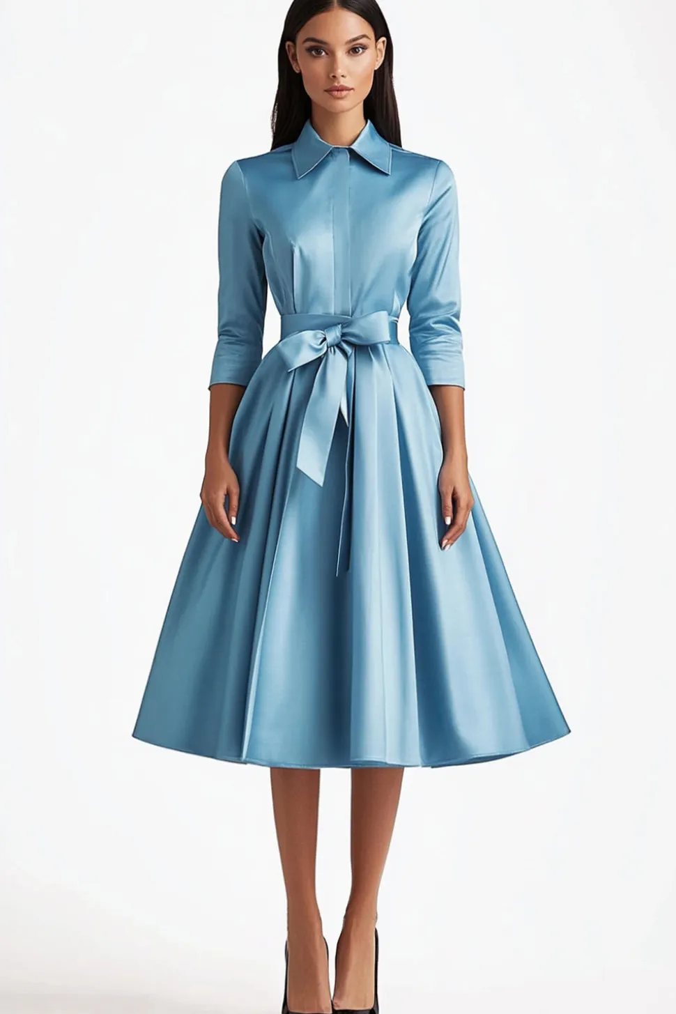 Azul A Line Flared Botão Frontal Fechos Vestido Formal de Comprimento Médio com Mangas Longas